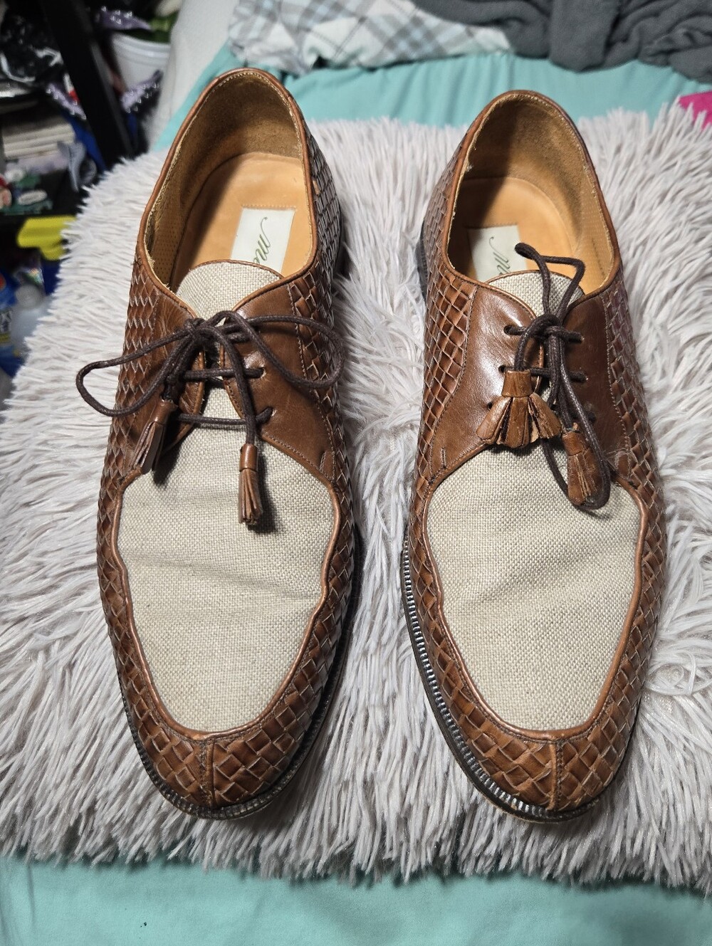 Mezlan Marakesh Woven Tan Leather & Canvas Split Toe Derby Lace Up Shoes Sz 10